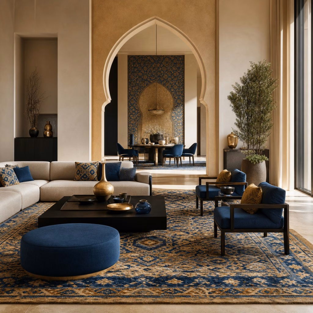 Intérieur architectural chaleureux aux matières naturelles